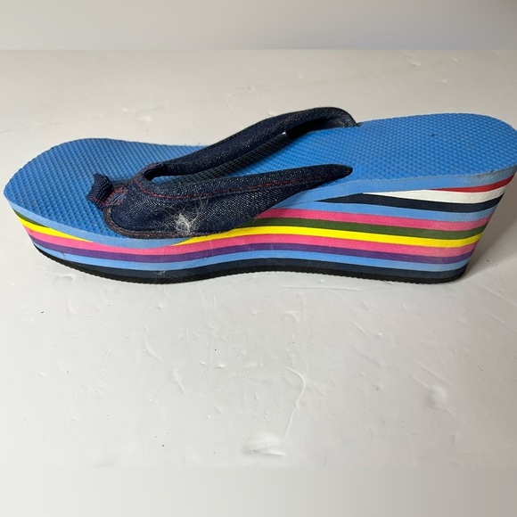 Rainbow Stripe Platform Flip Flops with Denim Straps | Approx. Size 7-7.5 - Picture 2 of 10